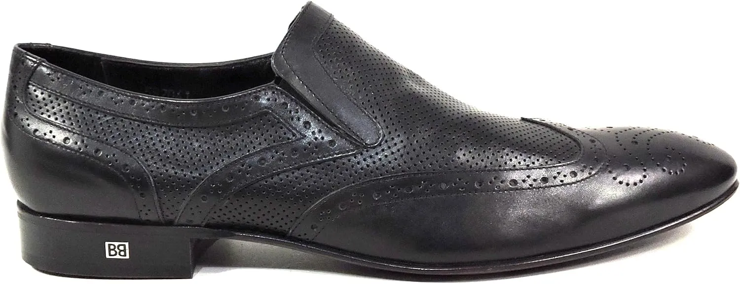 Baldinini Men's Black Leather Perforated Wingtip Slip-On Loafers, Italian Dress Shoes