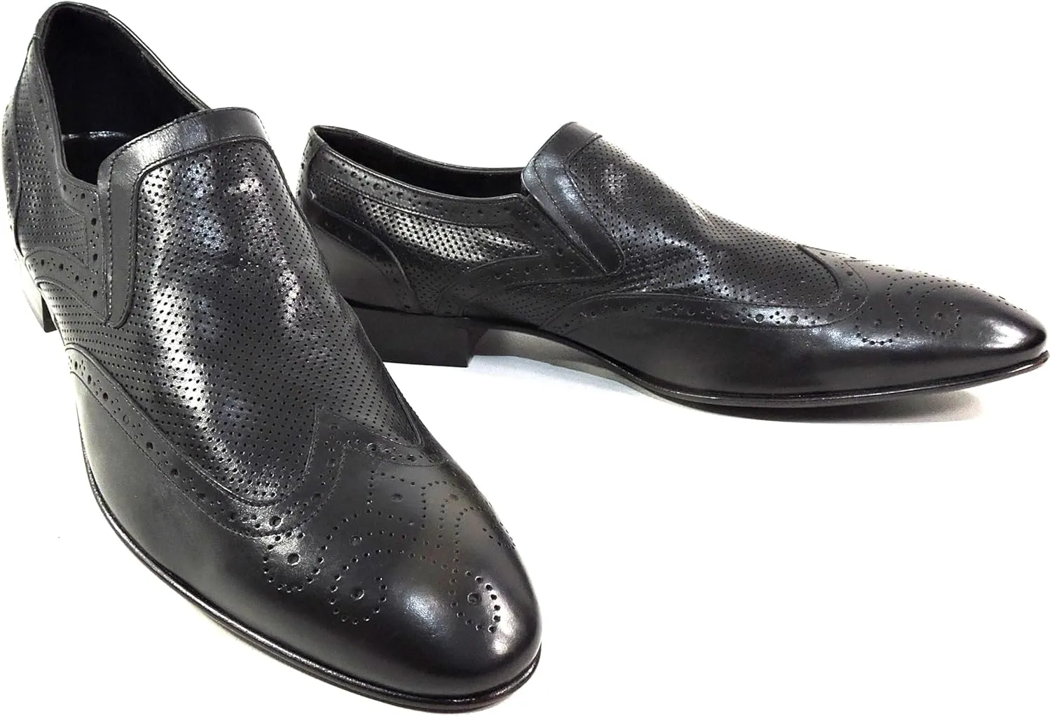 Baldinini Men's Black Leather Perforated Wingtip Slip-On Loafers, Italian Dress Shoes