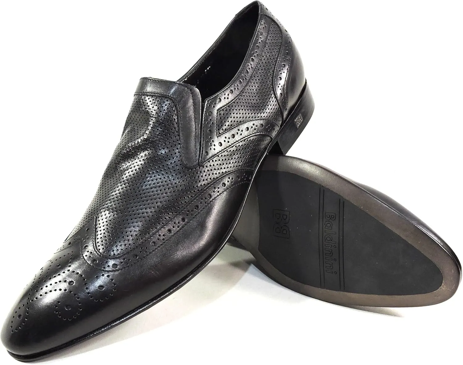 Baldinini Men's Black Leather Perforated Wingtip Slip-On Loafers, Italian Dress Shoes