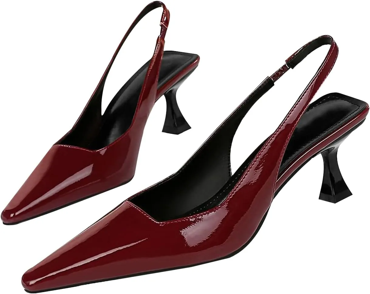 baobeijiadao Womens Kitten Heel Pumps Slingback Pointed Toe Heels Slip On Closed Toe Heeled Sandals Patent Leather Dress Shoes for Women