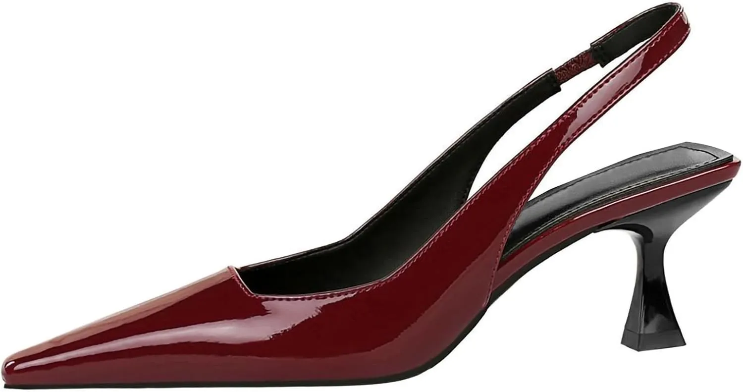 baobeijiadao Womens Kitten Heel Pumps Slingback Pointed Toe Heels Slip On Closed Toe Heeled Sandals Patent Leather Dress Shoes for Women