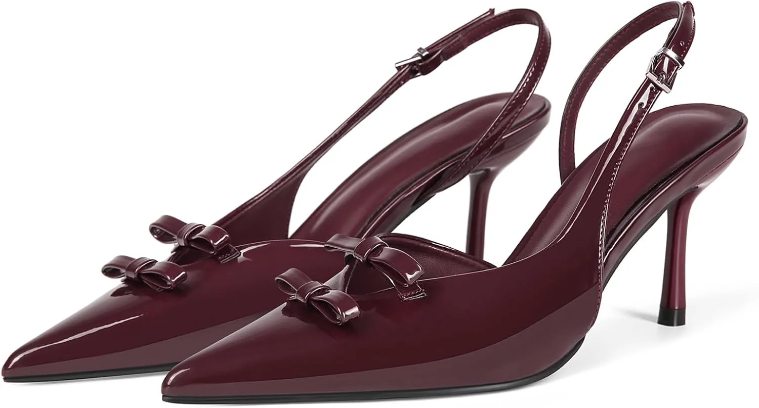 baobeijiadao Womens Pointed Toe Pumps Slingback Bow Stiletto Heels Closed Toe Heeled Sandals Slip On Dress Shoes for Women