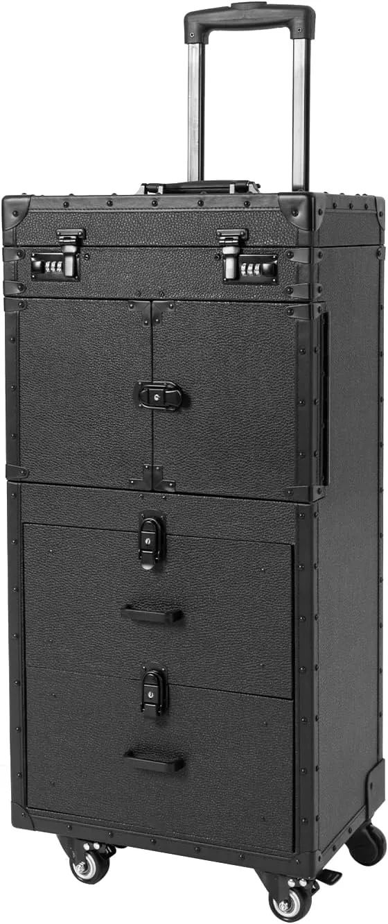 Barber Case Professional Makeup Case Organizer Cosmetic Train Cases, Makeup Train Case Large Cosmetology Rolling Case On Wheels, Hair Stylist Travel Case With Wheels and Hair Dryer Holder (Black)