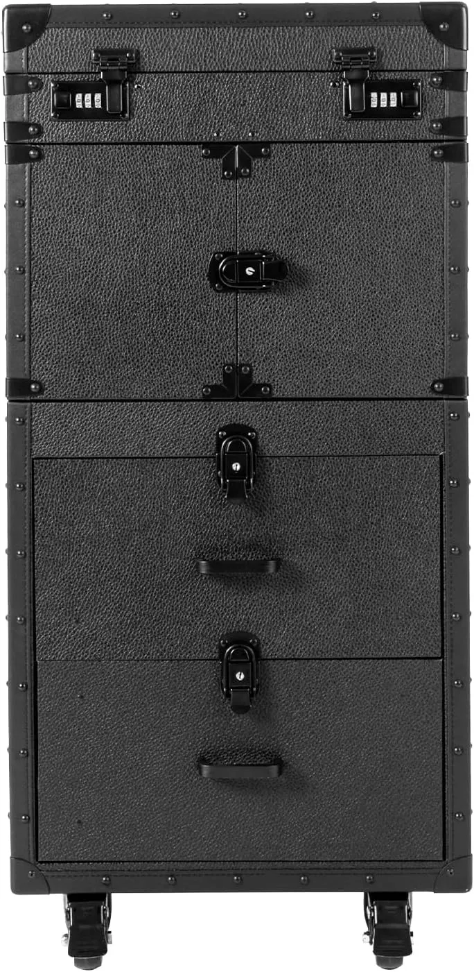 Barber Case Professional Makeup Case Organizer Cosmetic Train Cases, Makeup Train Case Large Cosmetology Rolling Case On Wheels, Hair Stylist Travel Case With Wheels and Hair Dryer Holder (Black)