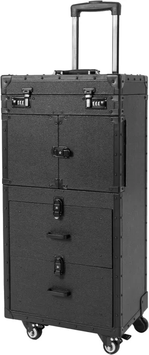 Barber Case Professional Makeup Case Organizer Cosmetic Train Cases, Makeup Train Case Large Cosmetology Rolling Case On Wheels, Hair Stylist Travel Case With Wheels and Hair Dryer Holder (Black)