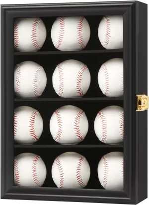 Baseball Display Case-Wood Baseball Holder Cabinet Wall Mount with Lockable 98% UV Protection Acrylic Door for Autograph Balls Collection Storage Small Black