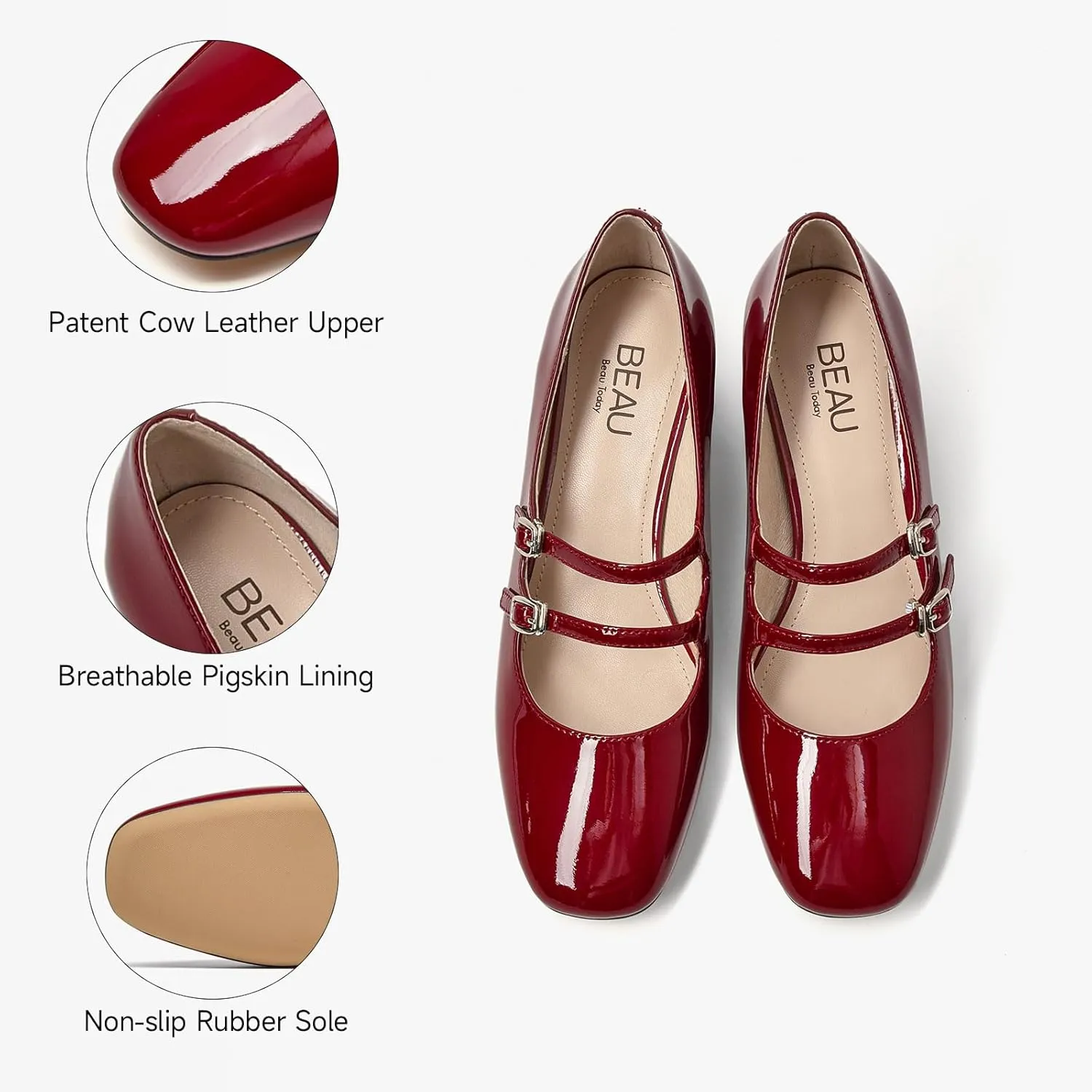 BEAU TODAY Mary Jane Pumps for Women, Women’s Chunky Heels Mary Janes Shoes, Patent Leather Pumps Platform Closed Square Toe Comfortable Buckle Strap Dress Shoes for Women