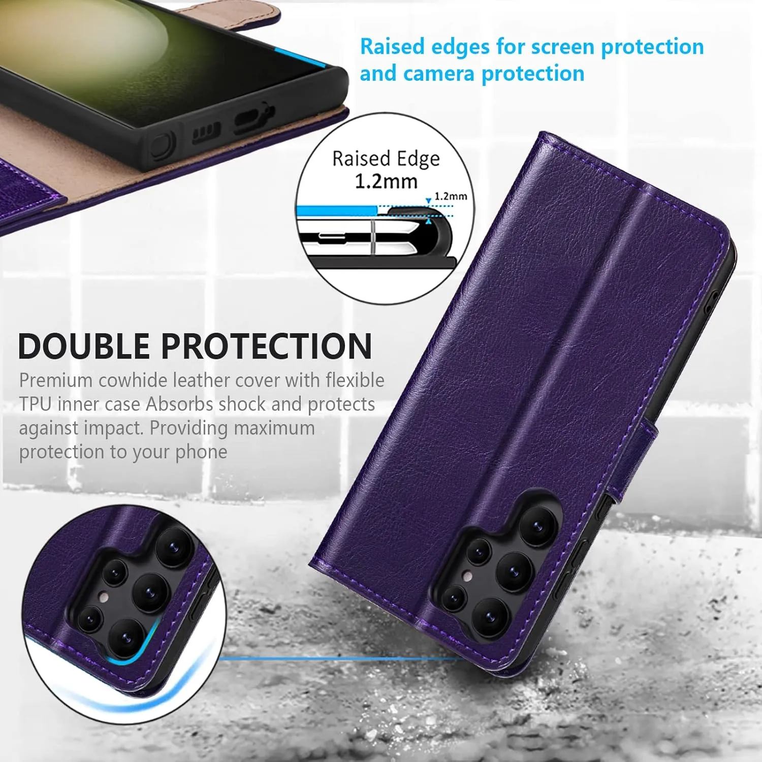 Belemay for Samsung Galaxy S23 Ultra Wallet case-Genuine Leather Flip Cover-RFID Blocking Credit Card Holder-Kickstand Book Folio Phone Case Women Men Compatible with Samsung S23Ultra 5G 6.8"-Purple