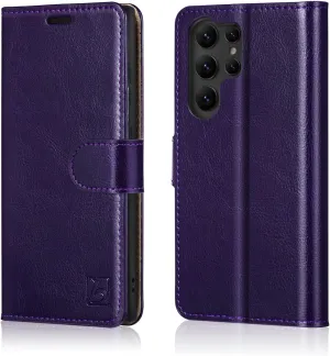 Belemay for Samsung Galaxy S23 Ultra Wallet case-Genuine Leather Flip Cover-RFID Blocking Credit Card Holder-Kickstand Book Folio Phone Case Women Men Compatible with Samsung S23Ultra 5G 6.8"-Purple