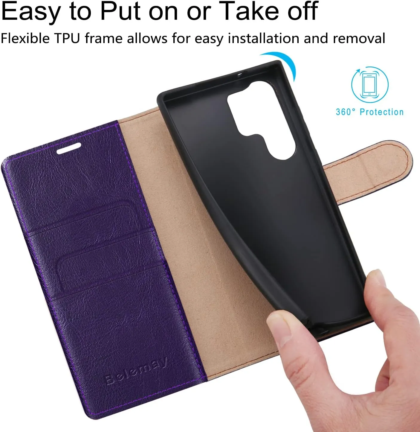 Belemay for Samsung Galaxy S23 Ultra Wallet case-Genuine Leather Flip Cover-RFID Blocking Credit Card Holder-Kickstand Book Folio Phone Case Women Men Compatible with Samsung S23Ultra 5G 6.8"-Purple