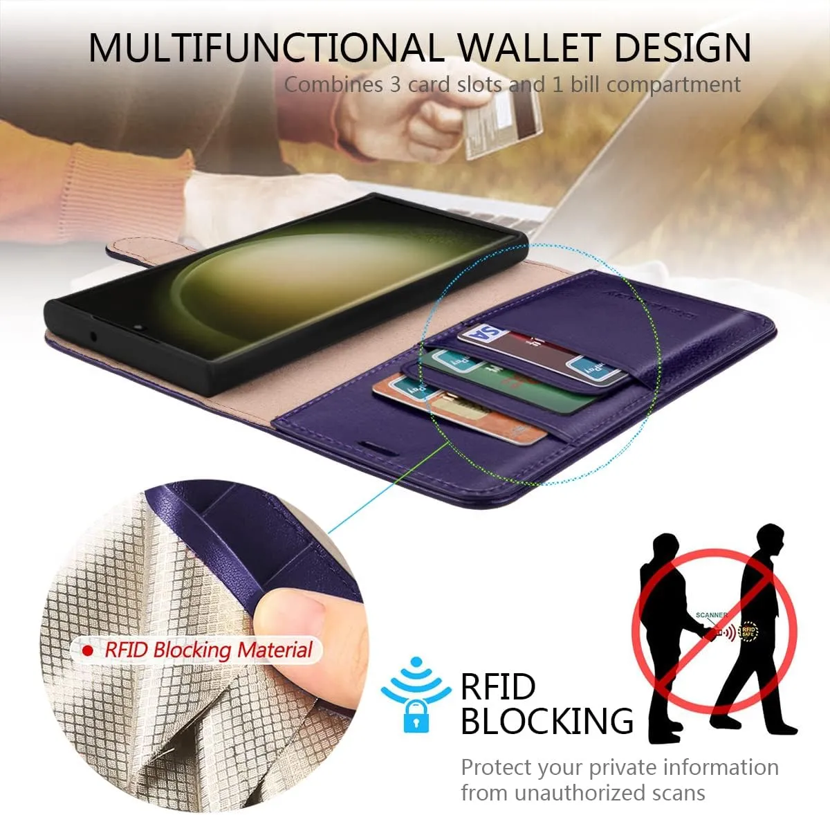 Belemay for Samsung Galaxy S23 Ultra Wallet case-Genuine Leather Flip Cover-RFID Blocking Credit Card Holder-Kickstand Book Folio Phone Case Women Men Compatible with Samsung S23Ultra 5G 6.8"-Purple