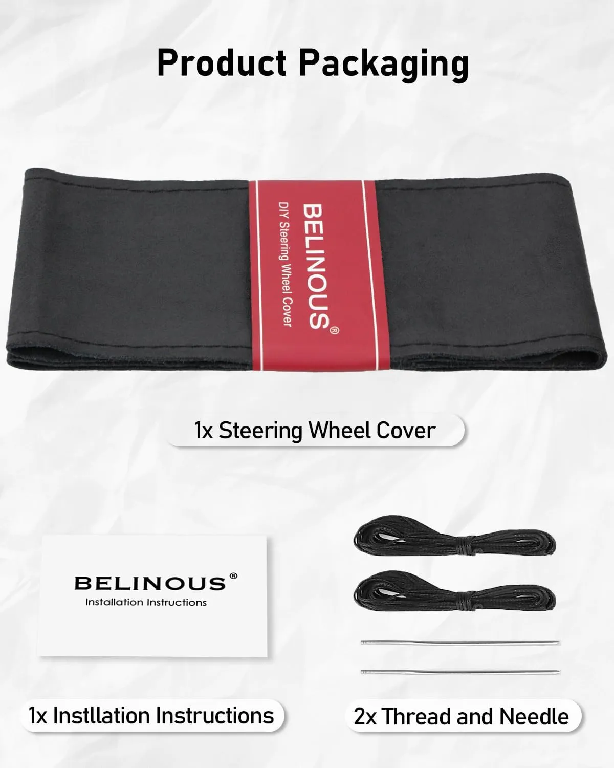 BELINOUS Suede Steering Wheel Leather Wrap (Size S3, Black)