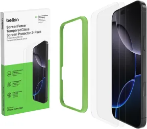 Belkin ScreenForce TemperedGlass Treated Screen Protector for iPhone 16 Pro Max - Slim & Scratch-Resistant - Includes Easy Align Frame for Bubble Free Application - 2-Pack