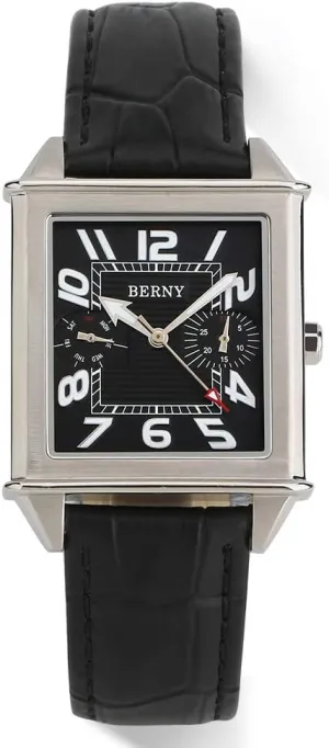 BERNY Square Watches for Men Quartz Watch Rectangular Calendar Leather Strap Watch