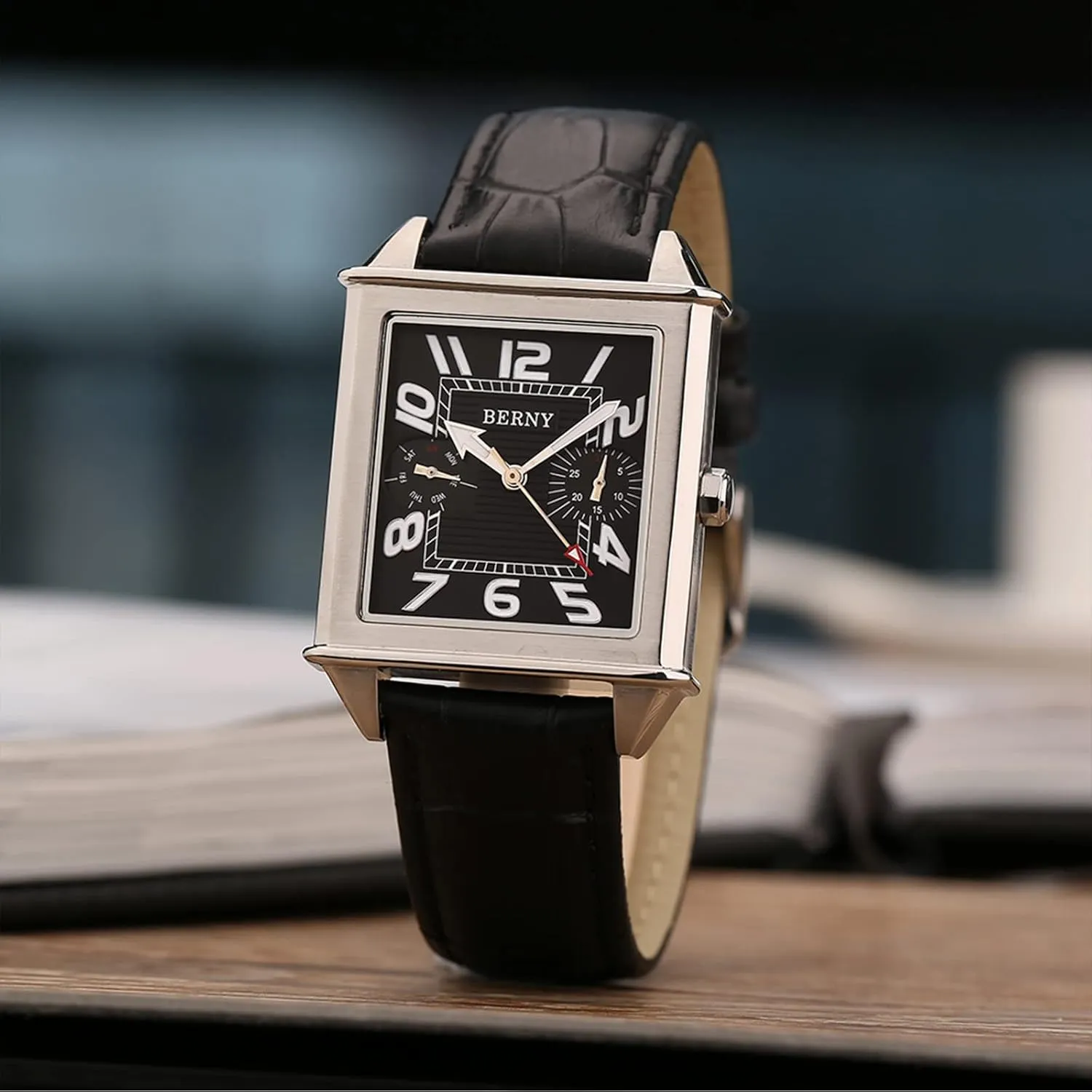 BERNY Square Watches for Men Quartz Watch Rectangular Calendar Leather Strap Watch