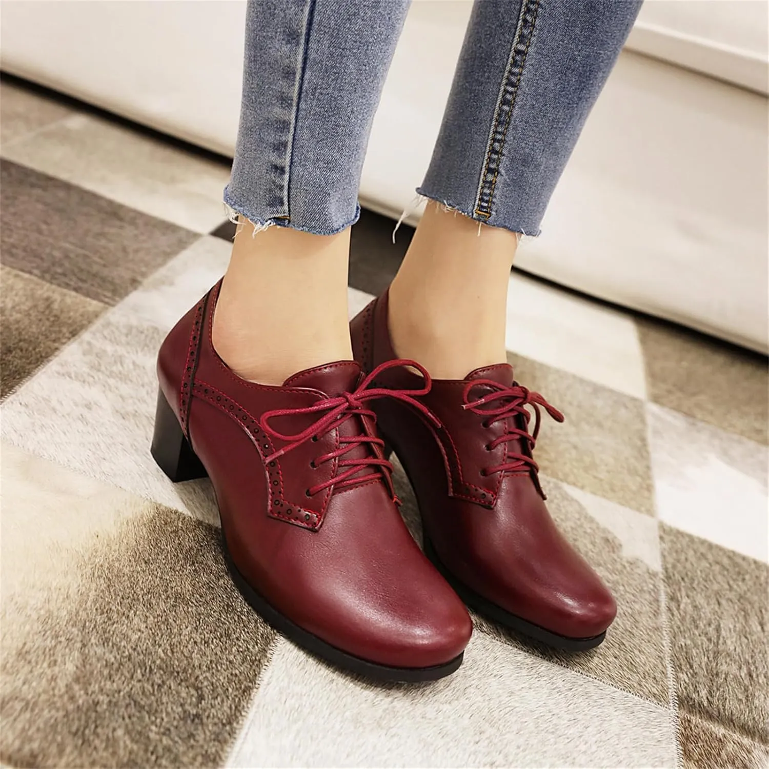 Betastella Women's Chunky Patent Leather Oxfords Platform High Heels Lace Up Pumps