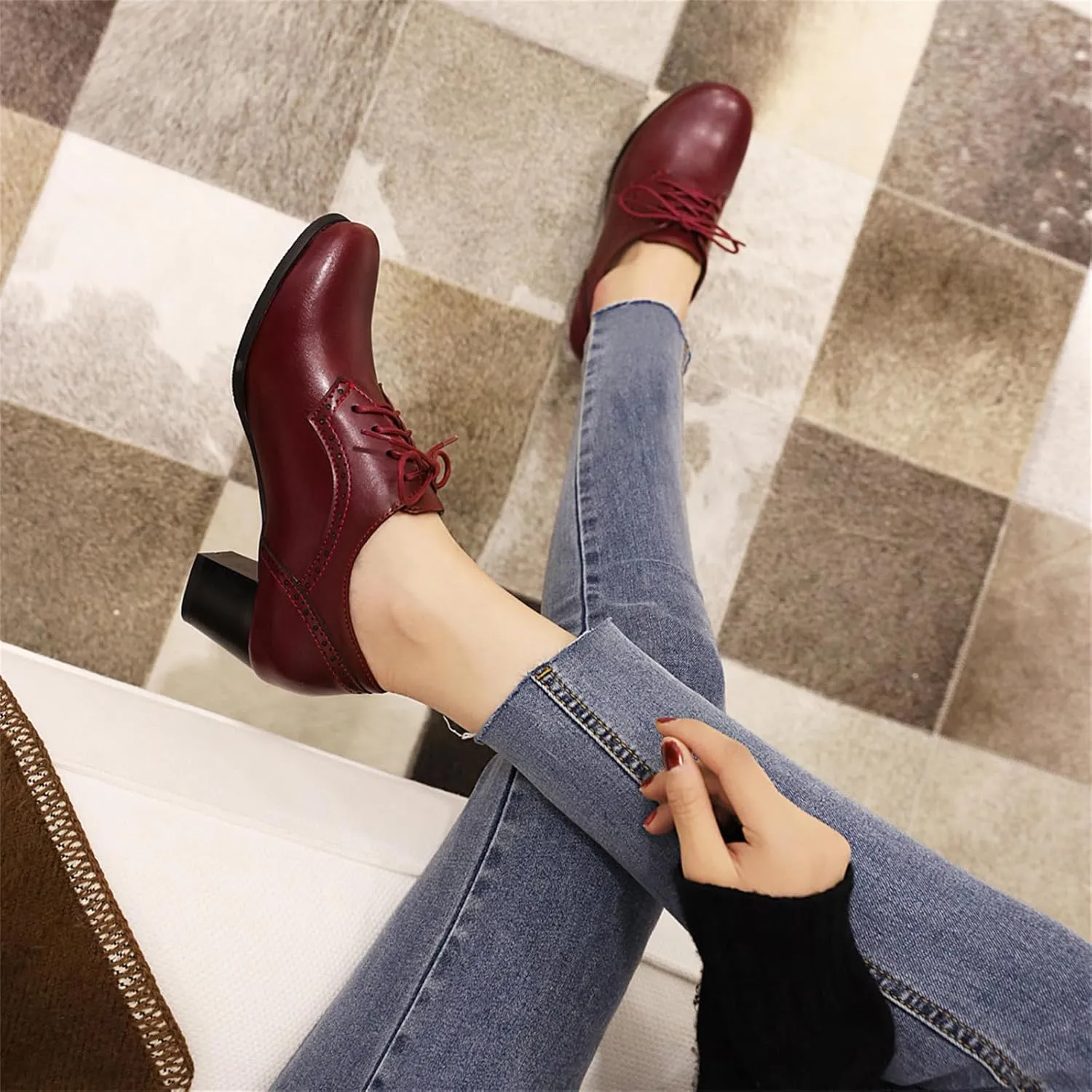 Betastella Women's Chunky Patent Leather Oxfords Platform High Heels Lace Up Pumps