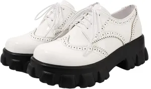 Betastella Women's Patent Leather Oxfords Chunky Heels Lace Up Brogue Shoes