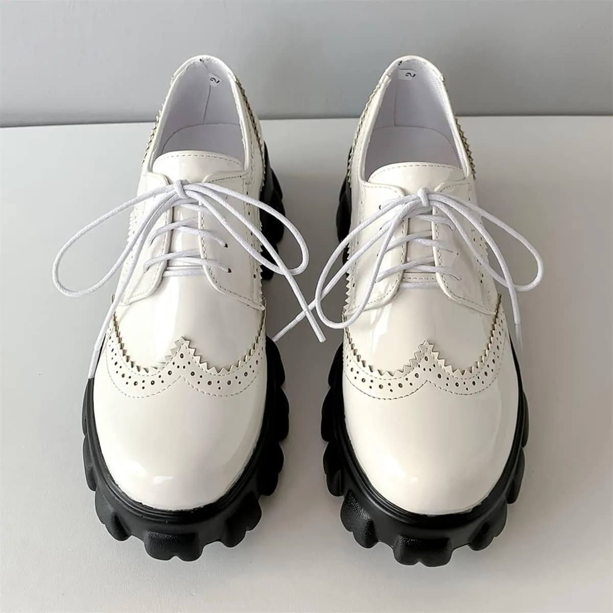 Betastella Women's Patent Leather Oxfords Chunky Heels Lace Up Brogue Shoes