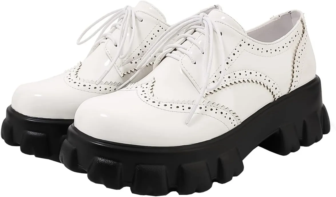 Betastella Women's Patent Leather Oxfords Chunky Heels Lace Up Brogue Shoes
