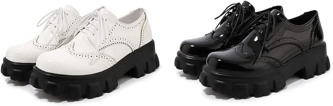 Betastella Women's Patent Leather Oxfords Chunky Heels Lace Up Brogue Shoes