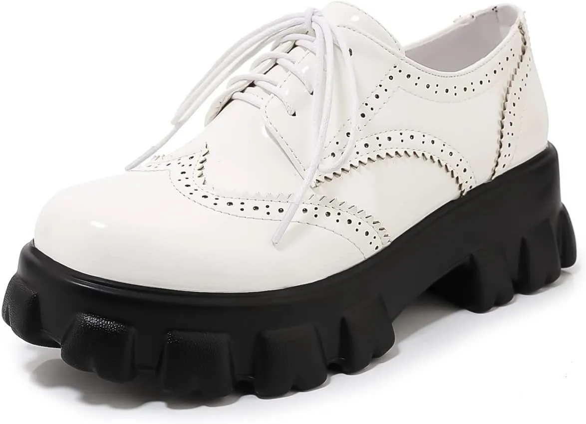 Betastella Women's Patent Leather Oxfords Chunky Heels Lace Up Brogue Shoes