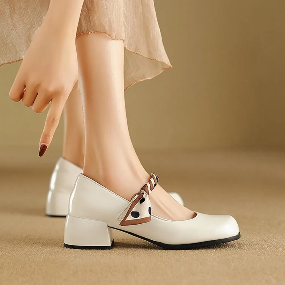 Big Size Women's Patent Leather Lolita Shoes Polka Dot Ribbon Mary Jane Platform Chunky Heeled Pumps Comfort Square Toe Dressy Shoes for Wedding Work Office