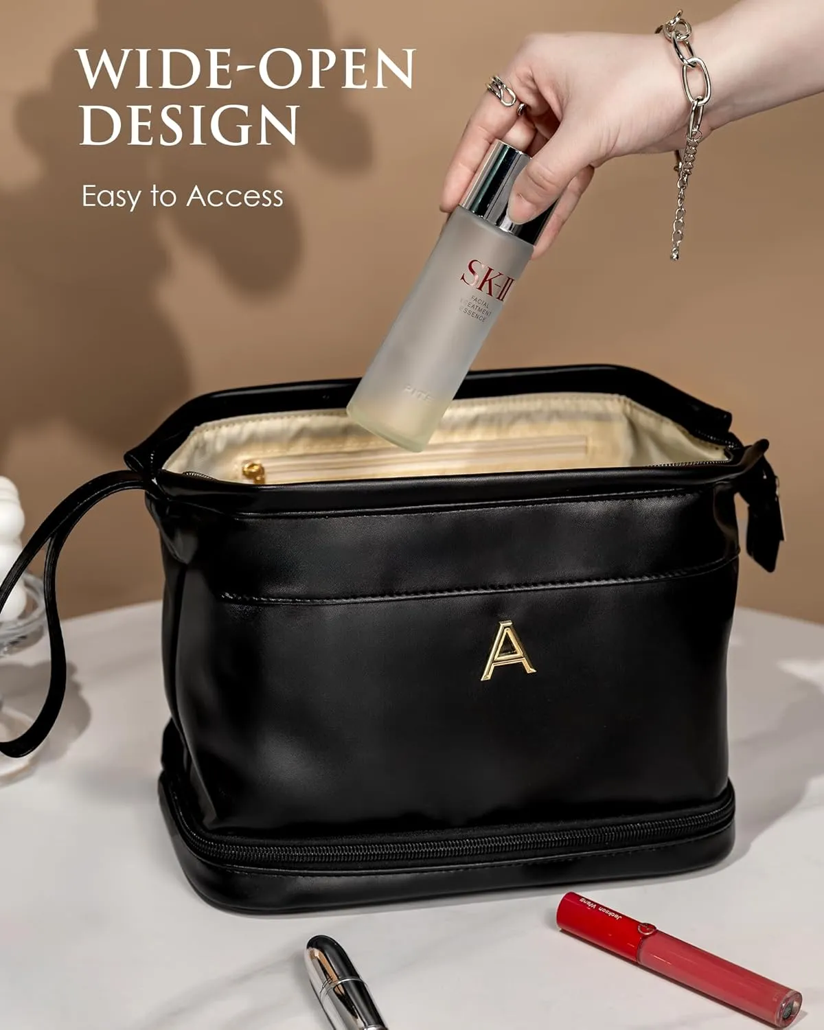 Birthday Gifts for Women, Initial Large Makeup Bag, Personalized Double Layer Cosmetic Bag with Makeup Brush Organizer, Waterproof, PU Leather Travel Toiletry Bag,Bride Gift Monogrammed Gifts