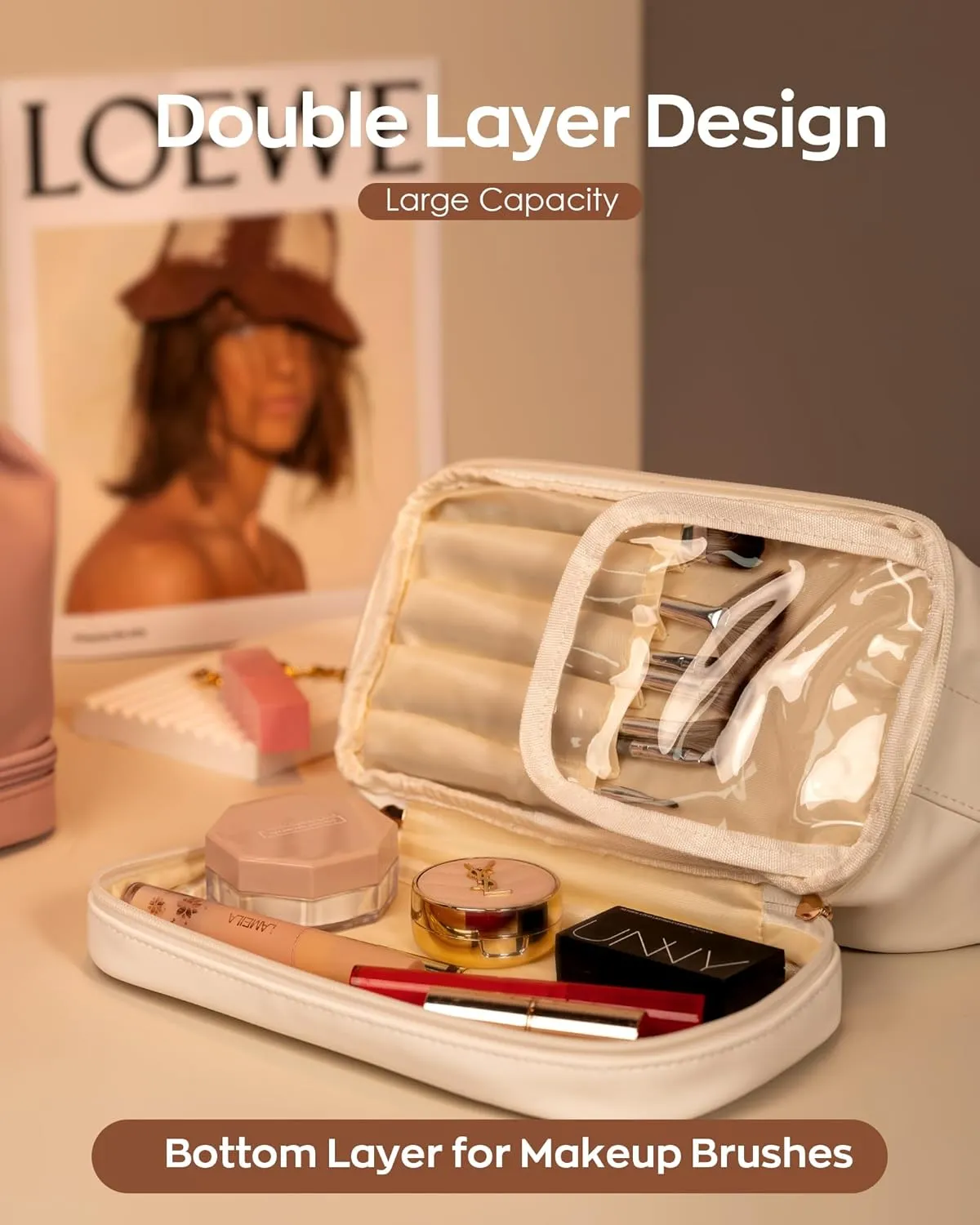 Birthday Gifts for Women, Personalized Makeup Bag with Handle, Initial Double Layer Cosmetic Bag with Makeup Brush Organizer, Gifts for Friends Female Mom-Graduation Gift for Teens Girls
