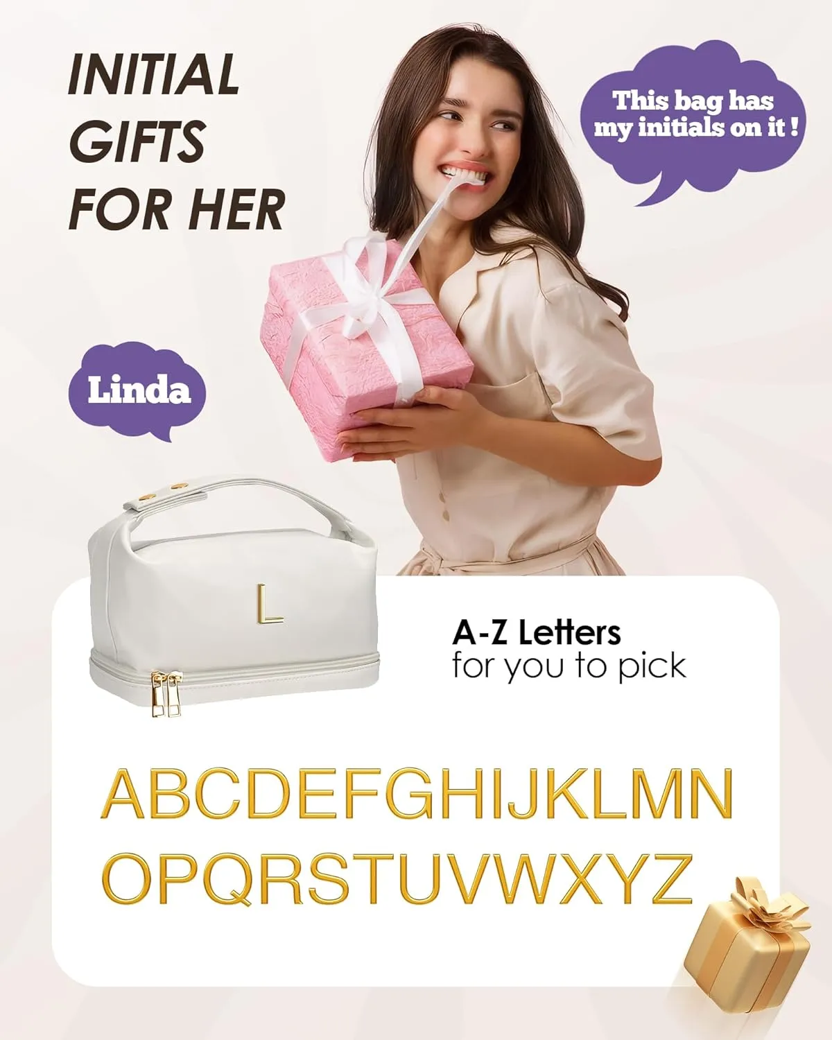 Birthday Gifts for Women, Personalized Makeup Bag with Handle, Initial Double Layer Cosmetic Bag with Makeup Brush Organizer, Gifts for Friends Female Mom-Graduation Gift for Teens Girls