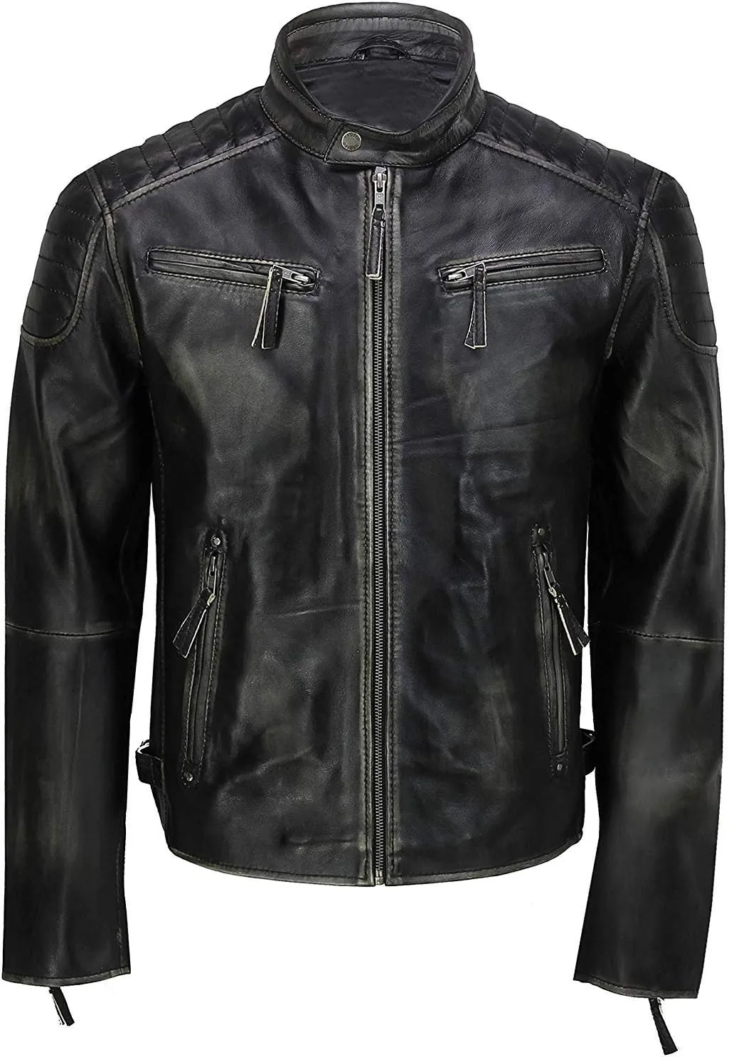 Black Leather Jacket Men - Black Real Lambskin Mens Motorcycle Jacket