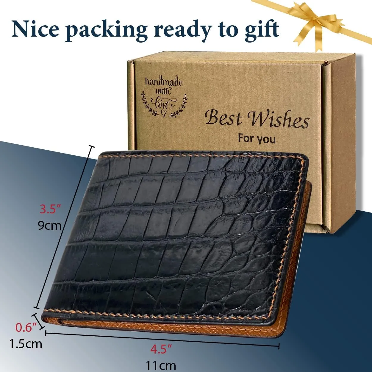 Black Mens Alligator Belly Leather Coin Wallet Crocodile Passcase Bifold Luxury Wallet Multiple RFID Blocking Security Handmade Exotic Leather With Flip-out ID Window Gift Men VINAM-94-COIN