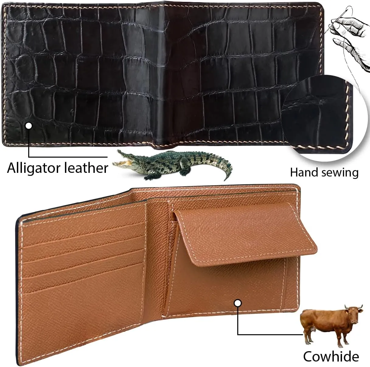 Black Mens Alligator Belly Leather Coin Wallet Crocodile Passcase Bifold Luxury Wallet Multiple RFID Blocking Security Handmade Exotic Leather With Flip-out ID Window Gift Men VINAM-94-COIN