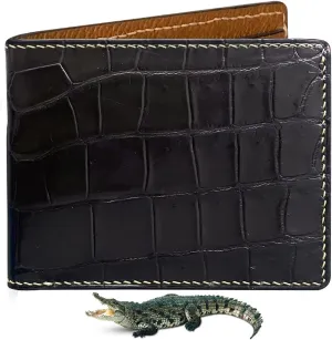 Black Mens Alligator Belly Leather Coin Wallet Crocodile Passcase Bifold Luxury Wallet Multiple RFID Blocking Security Handmade Exotic Leather With Flip-out ID Window Gift Men VINAM-94-COIN