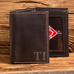 Black Mens Genuine Leather Monogrammed Tri-Fold Wallet with Custom Personalization Brown
