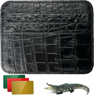 Black Minimalist Credit Card Holder Alligator Leather RFID Blocking Slim Front Pocket Small Wallet for Men & Women Thin Crocodile Bussiness Travel ID Case Handmade BLACK-CARD-11
