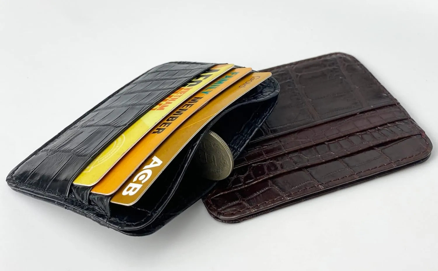 Black Minimalist Credit Card Holder Alligator Leather RFID Blocking Slim Front Pocket Small Wallet for Men & Women Thin Crocodile Bussiness Travel ID Case Handmade BLACK-CARD-11