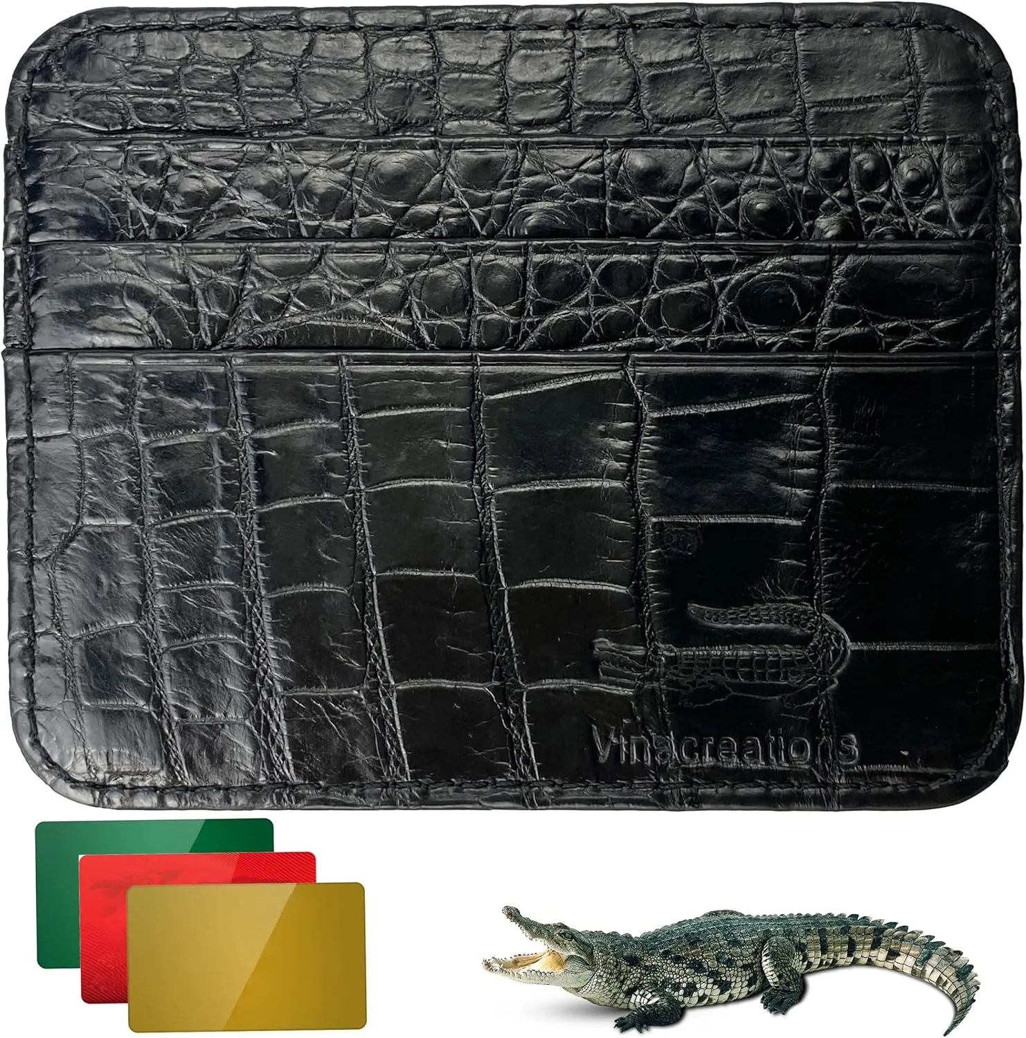 Black Minimalist Credit Card Holder Alligator Leather RFID Blocking Slim Front Pocket Small Wallet for Men & Women Thin Crocodile Bussiness Travel ID Case Handmade BLACK-CARD-11