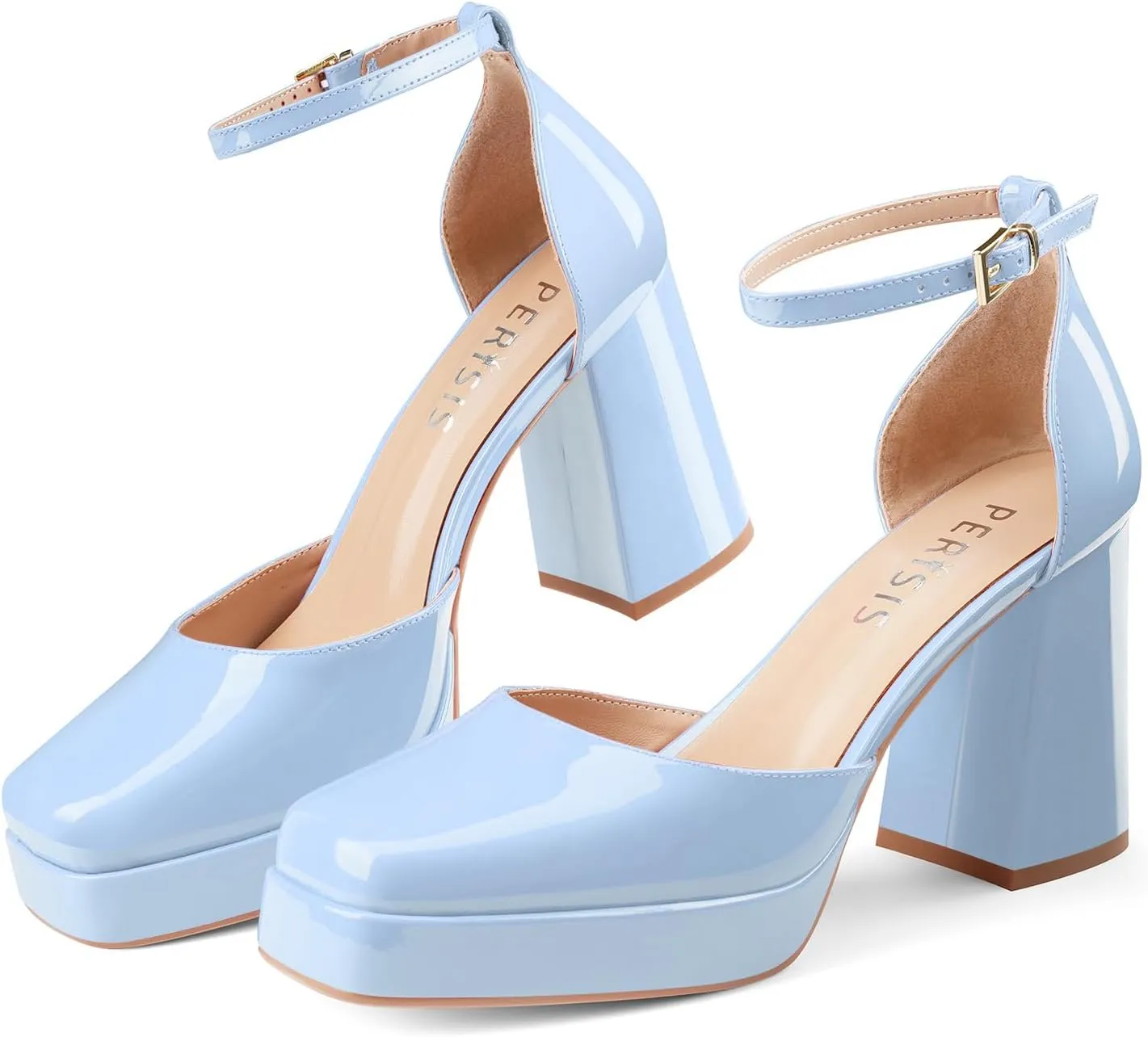 Black Platform Heels Chunky High Heel Patent Leather Pumps Closed Square Toe Block Heels with Ankle Strap for Women Ladies Sexy