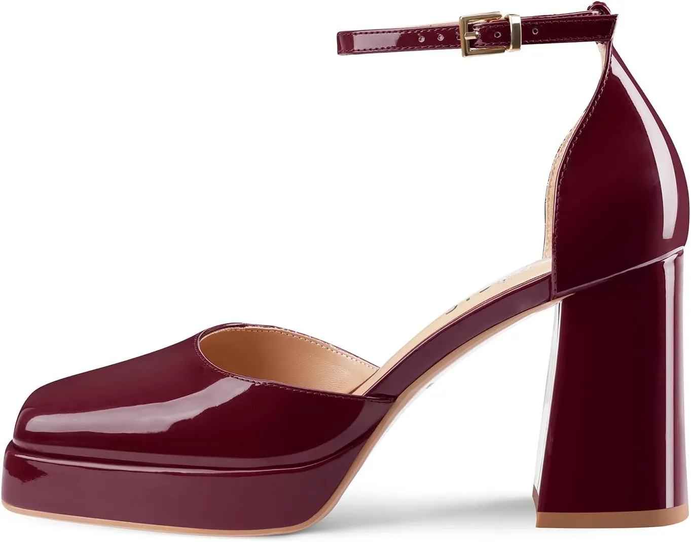 Black Platform Heels Chunky High Heel Patent Leather Pumps Closed Square Toe Block Heels with Ankle Strap for Women Ladies Sexy