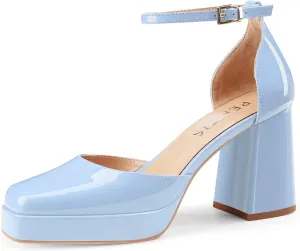 Black Platform Heels Chunky High Heel Patent Leather Pumps Closed Square Toe Block Heels with Ankle Strap for Women Ladies Sexy