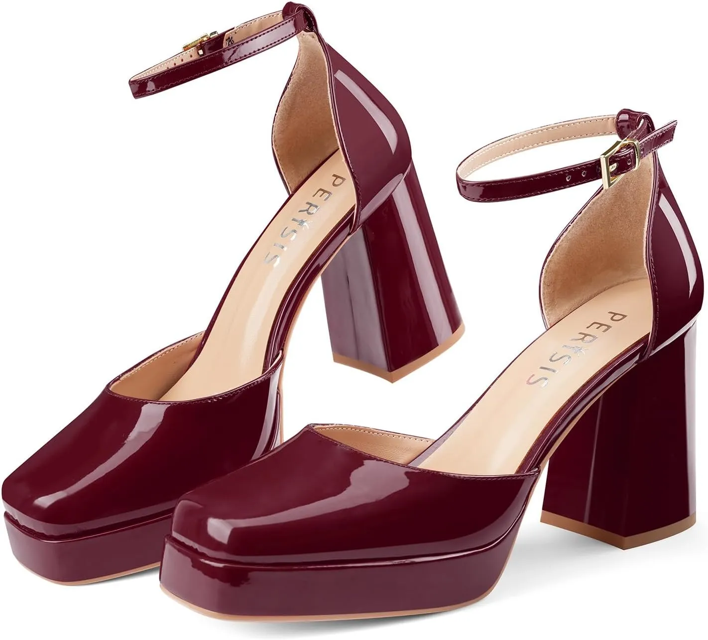 Black Platform Heels Chunky High Heel Patent Leather Pumps Closed Square Toe Block Heels with Ankle Strap for Women Ladies Sexy