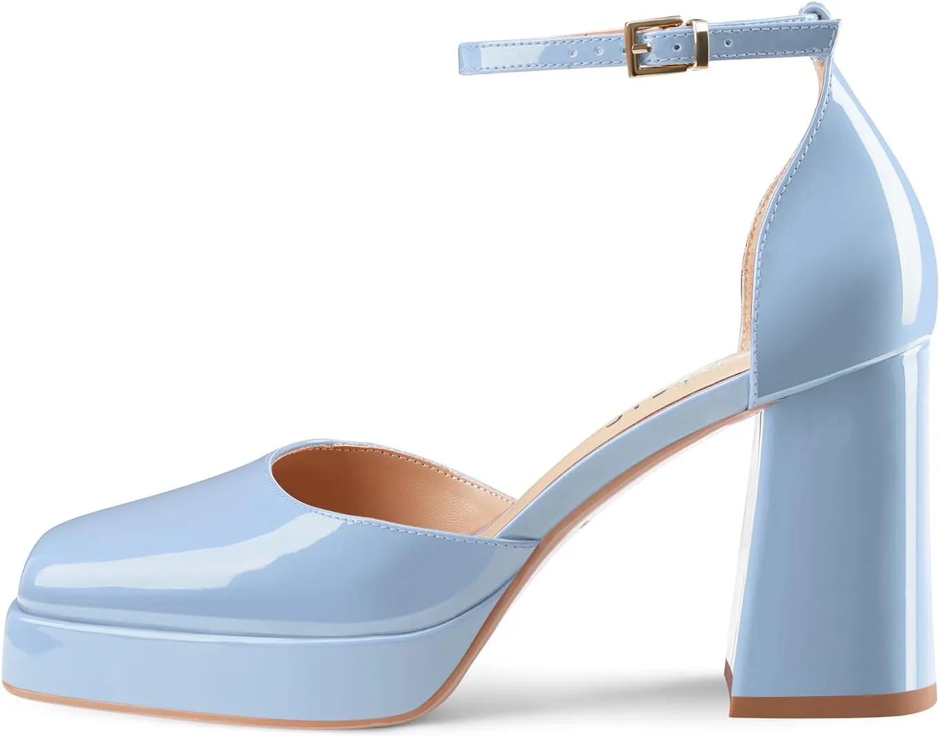 Black Platform Heels Chunky High Heel Patent Leather Pumps Closed Square Toe Block Heels with Ankle Strap for Women Ladies Sexy
