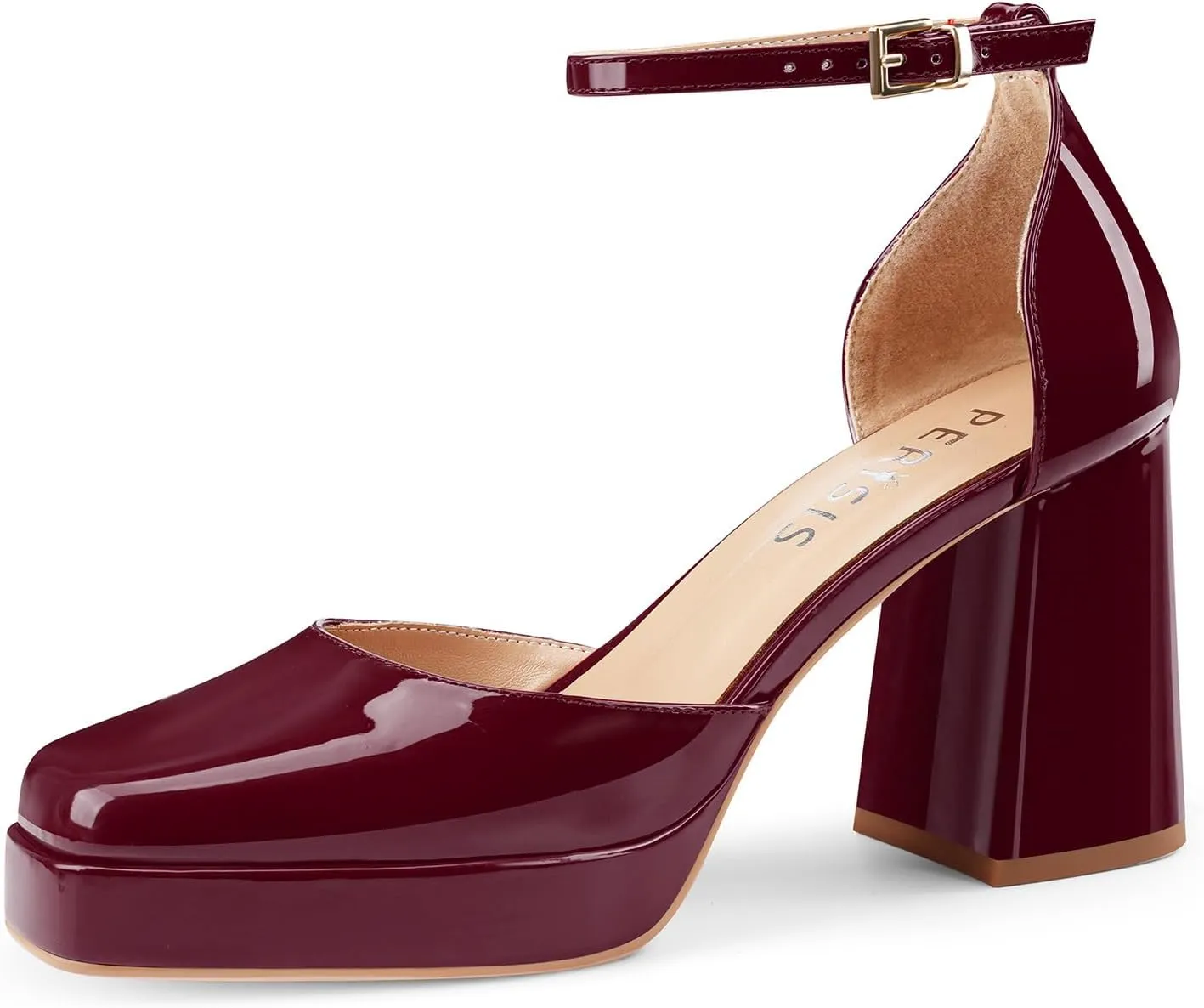 Black Platform Heels Chunky High Heel Patent Leather Pumps Closed Square Toe Block Heels with Ankle Strap for Women Ladies Sexy