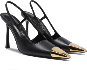 Black Slingback High Heels for Women Metal Pointed Closed Toe Stiletto Heels Patent Leather Wedding Dressy Pumps