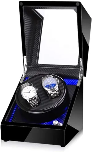 Black Watch Winder Box for Double Automatic Watches, Automatic Winder Case, with Blue Led Light, Super Quiet Motor Accessories