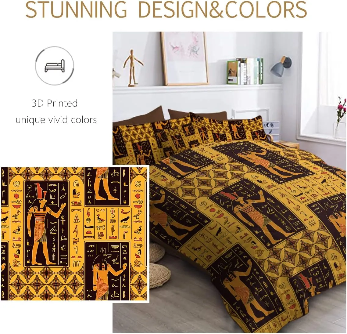 BlessLiving Ancient Bed in A Bag Egyptian God Hieroglyph Bedding Sets King with Comforter 8 Piece Black and Gold - 1 Comforter, 2 Shams, 1 Flat Sheet, 1 Fitted Sheet, 2 Pillowcase, 1 Cushion Cover