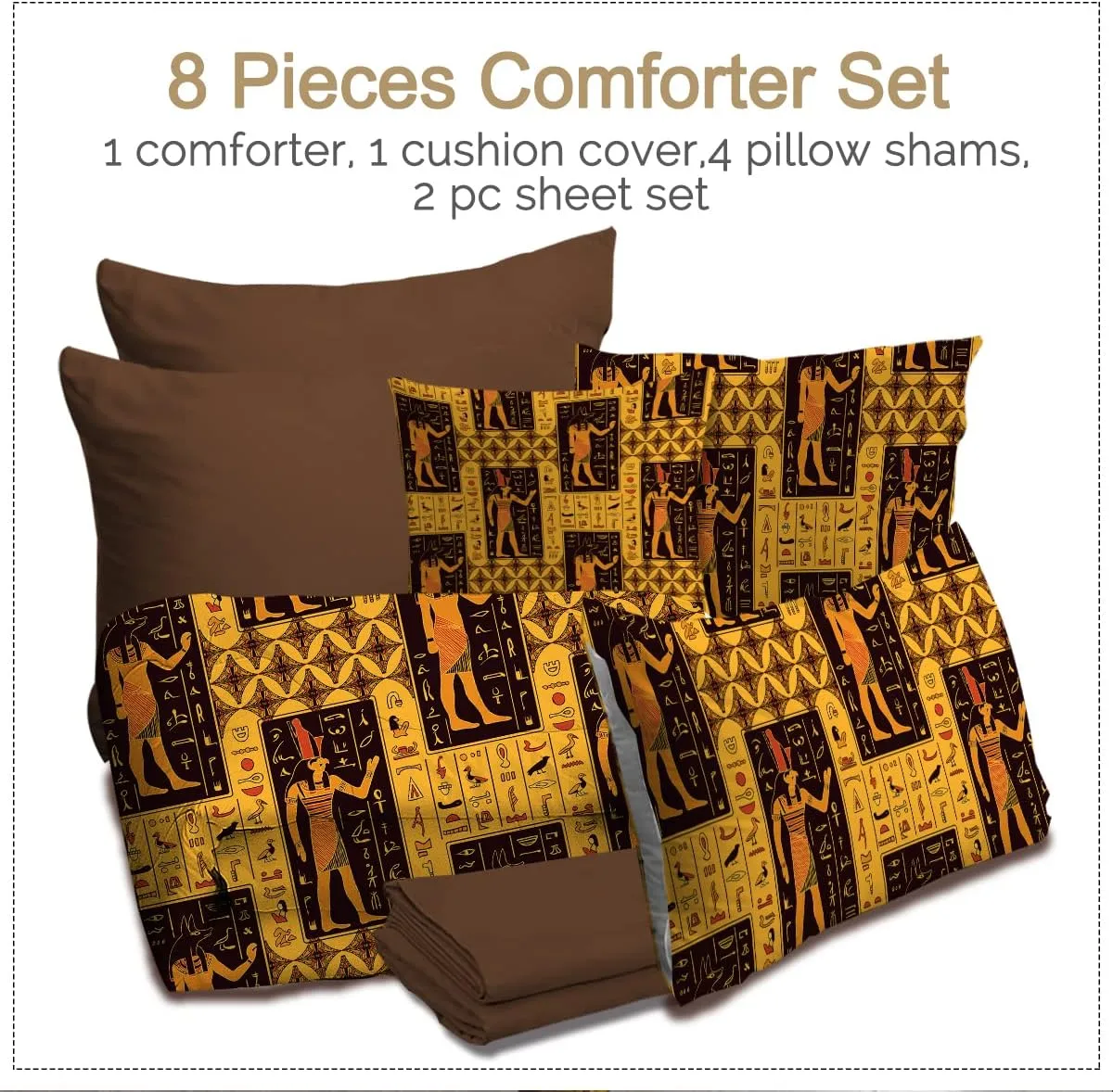 BlessLiving Ancient Bed in A Bag Egyptian God Hieroglyph Bedding Sets King with Comforter 8 Piece Black and Gold - 1 Comforter, 2 Shams, 1 Flat Sheet, 1 Fitted Sheet, 2 Pillowcase, 1 Cushion Cover