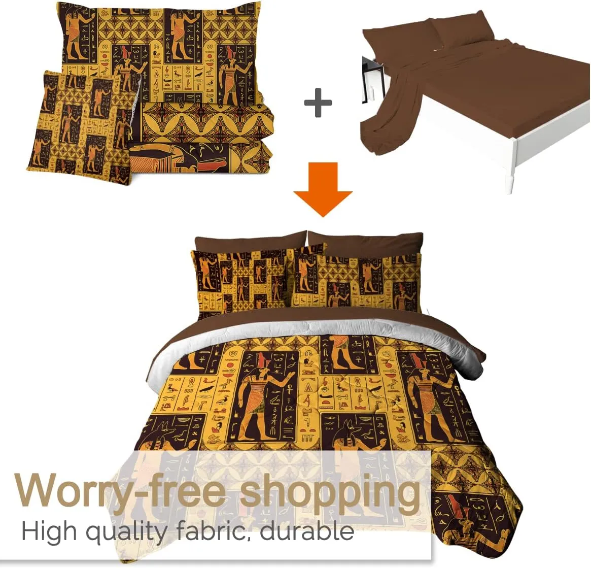BlessLiving Ancient Bed in A Bag Egyptian God Hieroglyph Bedding Sets King with Comforter 8 Piece Black and Gold - 1 Comforter, 2 Shams, 1 Flat Sheet, 1 Fitted Sheet, 2 Pillowcase, 1 Cushion Cover