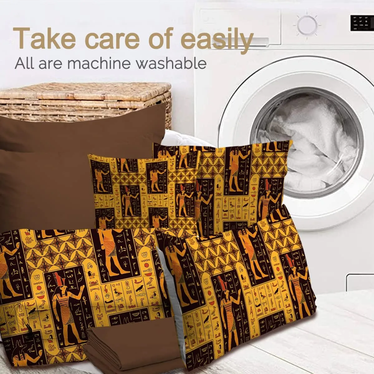 BlessLiving Ancient Bed in A Bag Egyptian God Hieroglyph Bedding Sets King with Comforter 8 Piece Black and Gold - 1 Comforter, 2 Shams, 1 Flat Sheet, 1 Fitted Sheet, 2 Pillowcase, 1 Cushion Cover